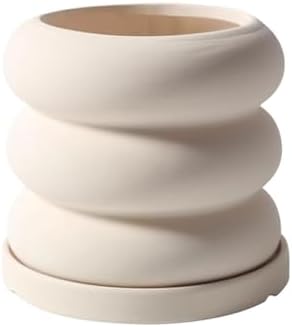 Planter Beige Ceramic Flower Pot, Spiral Shape Small Plant Pots, with Drainage Holes and Saucers Tray Tabletop Planter, for Balcony Garden Office Flower Pots by Unknown