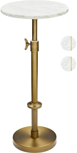 Adjustable 10" White Marble Drink Table with 2 Coasters, Antique Brass⁠ by Unknown