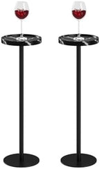 Round Drink Table Set 2, Small Pedestal Side Table, Black Marble by AEPOALUA