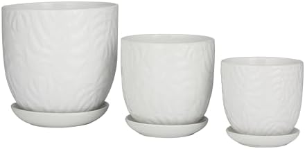Deco 79 Porcelain Ceramic Indoor Outdoor Planter Leaf Patterned Small Planter Pot with Attached Saucer, Set of 3 Planters 8", 6", 5" H, White - Image 4