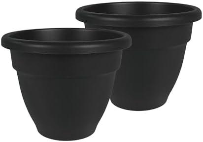 The HC Companies 14 Inch Caribbean Planter Pots with Drainage & Plug, Rolled Rim Plastic Planters for Indoor & Outdoor Plants, 2-Pack Decorative Flower Pots for Garden, Office & Home Decor, Black by TheHCCompanies