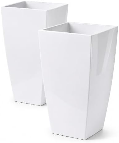 Tall Square Planters 2Pack, Plastic Pots Indoor Outdoor, White by SESUN-E