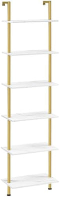HOOBRO DIY Ladder Shelf, 6-Tier Wooden Wall Mounted Bookshelf, Narrow Gold Bookcase, Display Shelf, Storage Rack, Plant Stand, for Living Room, Bedroom, Study, Balcony, Marble and Gold DM651CJ01 by HOOBRO