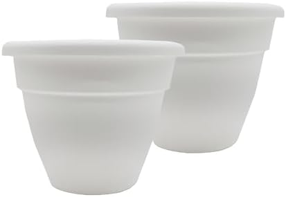 The HC Companies 10 Inch Caribbean Planter Pots with Drainage & Plug, Rolled Rim Plastic Planters for Indoor & Outdoor Plants, 2-Pack Decorative Flower Pots for Garden, Office & Home Decor, White by TheHCCompanies