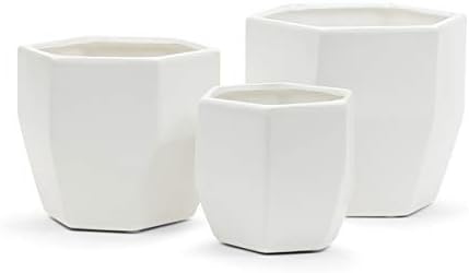 WGV Geometric Ceramic Vase, 4.2"x4.2"H, 5.5"x5"H, 6.3"x6"H, Matte White Hex Flower Pot, Folded Trendy Planter for Wedding Event Office Home Decor, Set of 3 Vases by WGVInternational-OpusGlassware