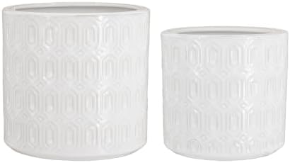 S/2 White Ceramic Planters, Geometric Motif, 6.5" & 5.5" D - Image 4