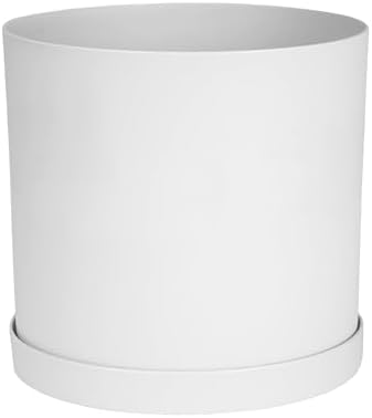 Bloem Mathers Round Planter with Saucer Tray: 10" - White - Modern Design, Durable Plastic Pot, Removable Saucer, for Indoor & Outdoor Use, Gardening, 2.6 Gallon Capacity by Bloem