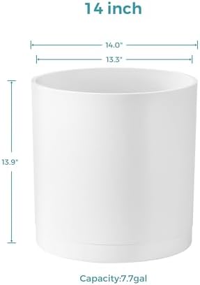 FaithLand 14-Inch Large Modern Cylinder Planter, Thick-Walled Plastic Plant Pot with Drainage Holes and Detachable Saucer, Matte White, Ideal for Indoor & Outdoor Plants Flowers - Image 3