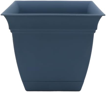 The HC Companies Eclipse Square Plastic Planter w/ Attached Saucer - Outdoor & Indoor Plant Pot with Drainage Holes - Lightweight, UV-Resistant Plastic Pots For Plants (8" Slate Blue, Pack of 1) by TheHCCompanies