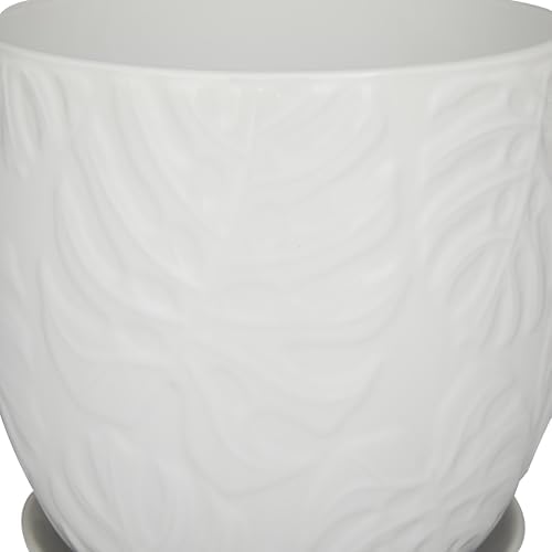 Deco 79 Porcelain Ceramic Indoor Outdoor Planter Leaf Patterned Small Planter Pot with Attached Saucer, Set of 3 Planters 8", 6", 5" H, White - Image 2
