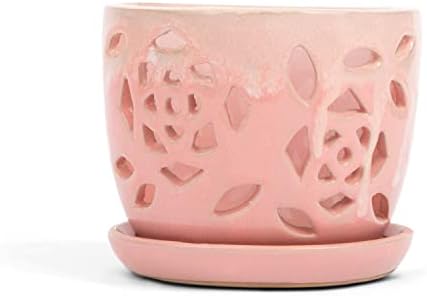 rePotme Orchid Pot - 5 inch Floral Cutout Ceramic Orchid Pot with Holes (Cream Over Cotton Candy) - Includes 5 inch Slotted Pot Liner by rePotme