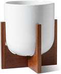 LE TAUCI 10 Inch Plant Pot with Acacia Wood Stand, Ceramic Planters for Indoor Plants, Unique Plant Pots Indoor for Home Decor, Mid-Century Modern Pots for Plants with Drainage Hole and Plug, White by LETAUCI