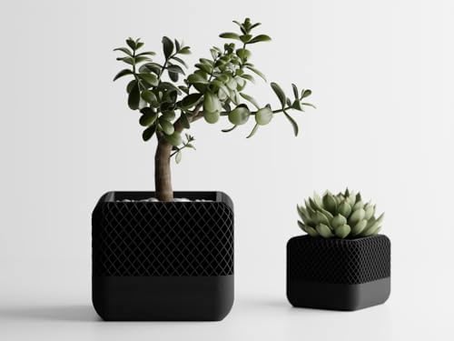 Modern Black Square Planter Pots with Geometric Lattice Design, Set of 2, Indoor Succulent and Bonsai Planters - Image 5