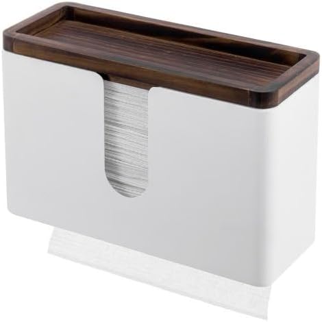 MyGift Deluxe Modern Matte White Metal Folded Commercial Paper Towel Holder with Rustic Burnt Solid Wood Tray Lid, Wall Mounted Trifold Multifold Z Fold Disposable Napkin Dispenser by MyGiftHome