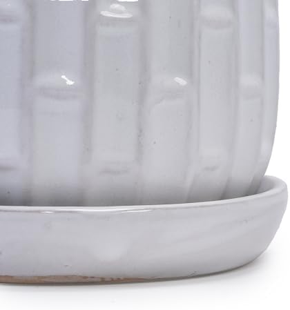 6" Glazed Ceramic Planter Set with Bamboo Texture, White - Image 6