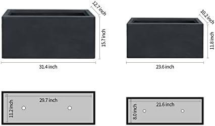 Kante 31.5" and 23.6" L Rectangular Concrete Planters (Set of 2), Outdoor Indoor Modern Plant Pot with Drainage Hole and Rubber Plug for Garden, Patio, Charcoal Finish - Image 2