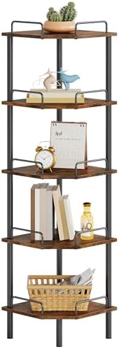 Tajsoon 5 Tier Corner Shelf Stand, Small Corner Table, Rustic Brown by Tajsoon