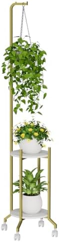 VyGrow Plant Stand Indoor, 2 Tier Hanging Tall Plant Shelf with Wheels, 3 Potted Corner Flower Stand Metal Plant Holder, Plant Shelves for Living Room, Bedroom, Patio, Outdoor, Gold by VyGrow