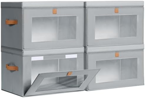 Homsorout Large Closet Storage Bins - Collapsible Storage Bins with Handles & Window, Fabric Cube Organizer with Lids, Decorative Boxes for Living Room, Closet, Dorm, 4 Pack, Grey by Homsorout