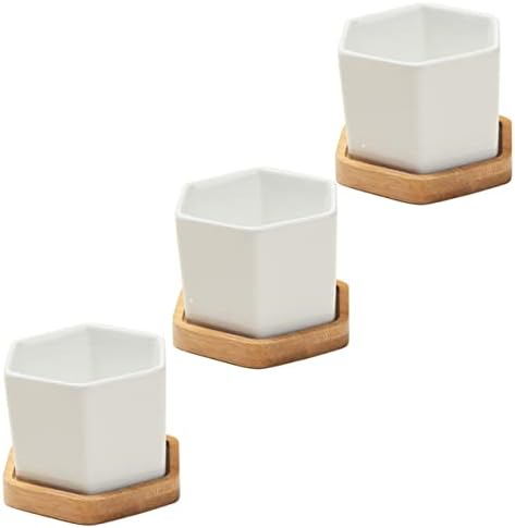 BESPORTBLE 3 Set Small Ceramic Hexagonal Succulent Pots Planter Pot Stand Geometric Planter with Bamboo Tray by BESPORTBLE
