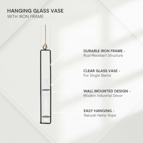 Hanging Glass Vase with Iron Frame, Wall Mounted Plant Holder for Single Stem, Matte Black Industrial Decor (1 PC) - Image 5