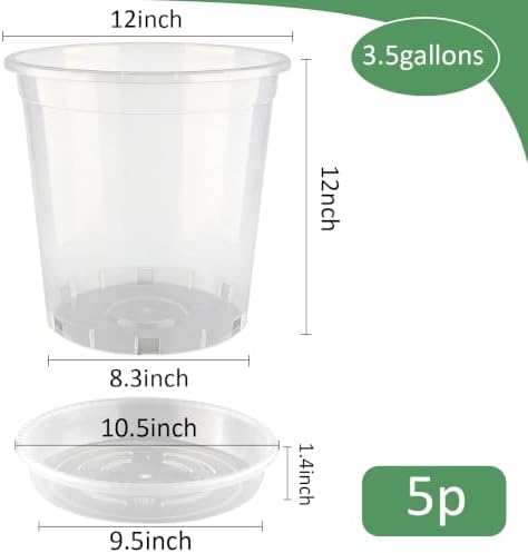BTPLASTIK 3.5 Gallon Clear Nursery Pots with Saucers 5P, 12 Inch Round Plastic Plant Pots with Drainage Holes - Image 2