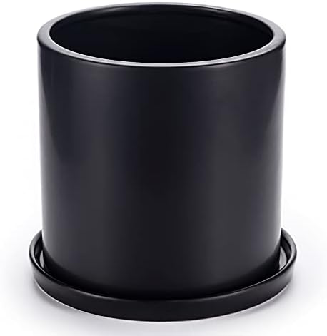 Plant Pots 10 Inch Ceramic Planter with Drainage Hole and Saucer, Matte Black Modern Cylinder Planter Pot for Indoor Outdoor Plants Flowers, Full Glazed Finish by SANDYBAYTAS