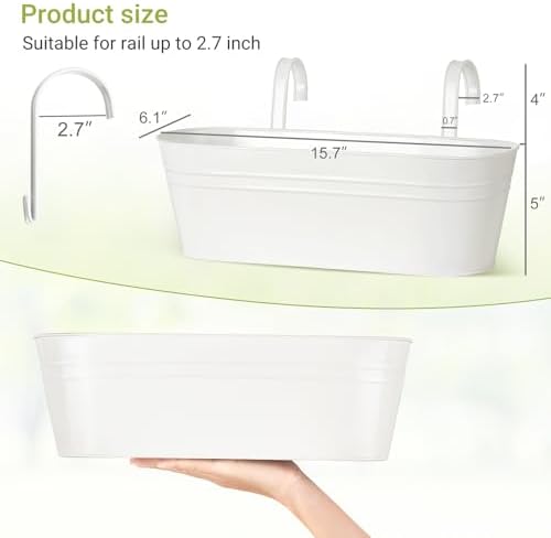 Dahey 15 Inches Railing Planter Box 4 Pcs Metal Hanging Flower Pots, White - Image 2