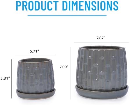 Decorative Ceramic Planter Set of 2, 6" & 8" Diameter, Modern Flower Pots for Indoor Plants, w/Drainage and Saucer, Ceramic Pots for Garden & Home Decor, Gray - Image 3