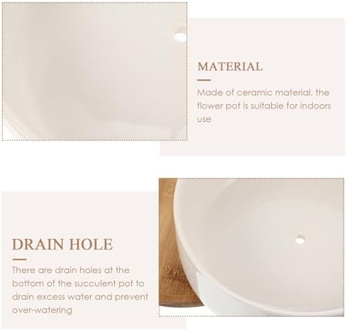 White Ceramic Succulent Pot Planter Set, Round Bamboo Tray - Image 7