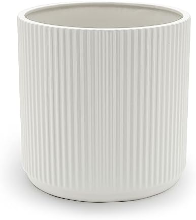 Amazon Basics Fluted Ceramic Planter Pot for Indoor Outdoor Plants, Round Flower Pot with Drainage Hole, 8-inch, White by AmazonBasics