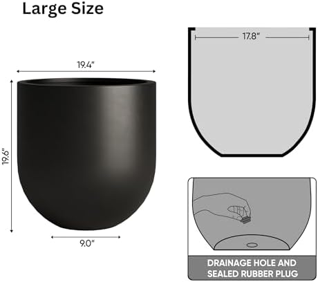 DTY Signature Mount Antero 19.7''D x 19.7''H Modern Indoor Outdoor Fiberstone Bullet Shaped Planter, Durable Round Garden Pot, Weather Resistant, Drainage Hole & Rubber Plug - Large, Black - Image 3