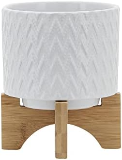 Modern Ceramic Planters with Wood Stand for Home Decor Elegant Flower Pots for Entryway, Garden, and Patio - Decorative Raised Container for Indoor and Outdoor Plants - 8", White & Tan - Image 3