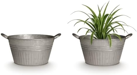 Headwind Decorative Planter - Round Galvanized Tub Planter with Handles – 16 Inch Lightweight Metal Planter with Drainage Hole – Galvanized Steel Tub for Plants - Metal Flower Pot by Robert Allen - Image 3