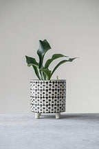 Creative Co-Op Round Stoneware Planters with Geometric Prints, Black and White - Image 2