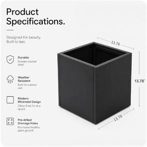 GSK Galvanized Steel Black Metal Square Planter for Indoor Outdoor Set of 2 - Image 7