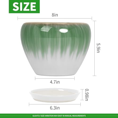 Deep Dream 8 Inch Plant Pots- Ceramic Pots for Plants with Drainage Hole and Saucer, Large Planter Pot for Indoor Plants Outdoor Decor, White&Green - Image 2