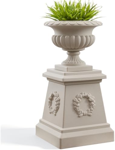 20" H Large Plastic Roman Urn Planter with 28" Tall Decorative Pedestal by PlasticPlanter