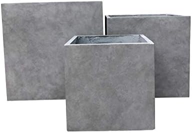 Kante RF0001ABC-C80021 Set of 3 Lightweight Modern Square Outdoor Planters, 16, 12 and 10 Inch Tall, Natural Concrete by Unknown