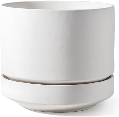 LE TAUCI Large 14 Inch Plant Pot with Saucer | Ceramic Outdoor & Indoor Big Planter Pot | Drainage Hole, Mesh Pad | Unglazed Porous | Modern Minimalist for Home and Patio – Chalk White by LETAUCI
