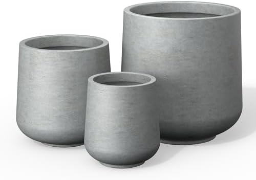 Kante Round Concrete Planter Set of 3-9.4"/13"/16.5" Dia Barrel-Style Garden Pots with Drainage Hole for Flowers and Trees (7.1"/10.2"/13.8" Opening), Gray by Unknown