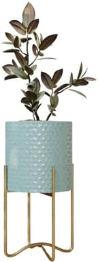 EverNest Mid-Century Modern Rhys Honeycomb Embossed Planter Pot with Ambrose Stand, Metal Indoor Plant Pots, Blue Green Bohemian Style (Small 1 Gallon) by EverNest