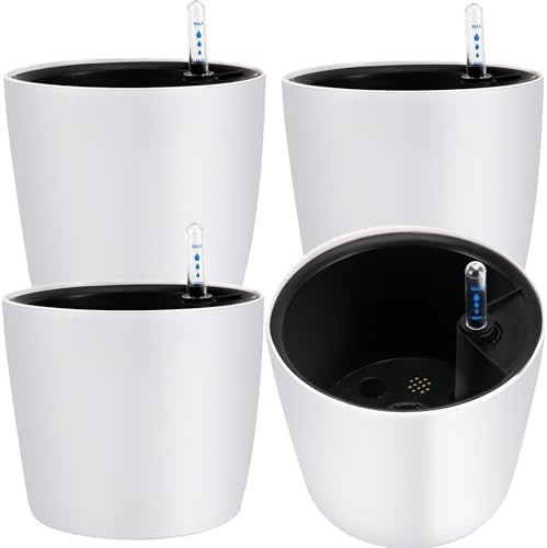 JOIKIT 4 Pack 7 Inches Self Watering Planter, White Plant Flower Pots with Water Level Indicator, Self Watering Pots for Indoor & Outdoor Succulents Plants Herb Garden by JOIKIT