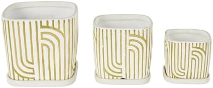 Deco 79 Ceramic Indoor Outdoor Planter Small Planter Pot with Overlapping Green Arches and Attached Saucer, Set of 3 Planters 7',6',5'H, White - Image 3