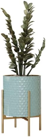 EverNest Mid-Century Modern Rhys Honeycomb Embossed Planter Pot with Loki Gold Stand, Metal Indoor Plant Pots, Blue Green Bohemian Style (Small 1 Gallon) by EverNest