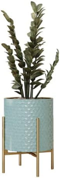 EverNest Mid-Century Modern Rhys Honeycomb Embossed Planter Pot with Loki Gold Stand, Metal Indoor Plant Pots, Blue Green Bohemian Style (Medium 2 Gallon) by EverNest