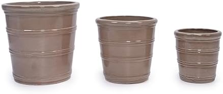 16" Ceramic Planters, Set of 3, 16 Inch, Taupe with Horizontal Rings - Image 3