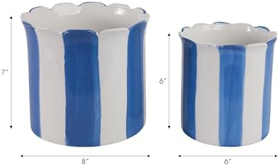 Decorative Striped Scallop Edge Planters Accent - Cute Flower Pots Ideal for Indoor or Outdoor Plant - Whimsical Garden, Home Decor, and Living Room Pots for Plants - Set of 2, 7", 6", Blue & White - Image 4