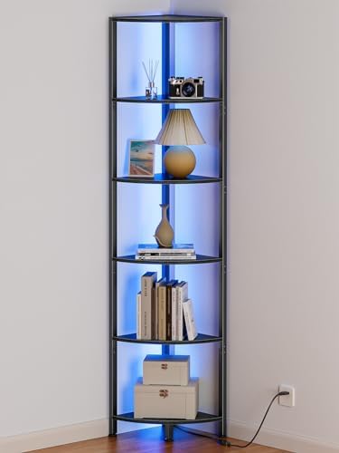Furnulem 6 Tier Corner Shelf with LED Light, 67.5" Black Narrow Bookshelf by Furnulem