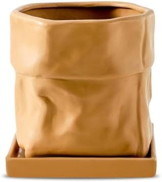 Nihow 6 Inch Ceramic Plant Pot with Drainage & Square Saucer, Terracotta by Nihow